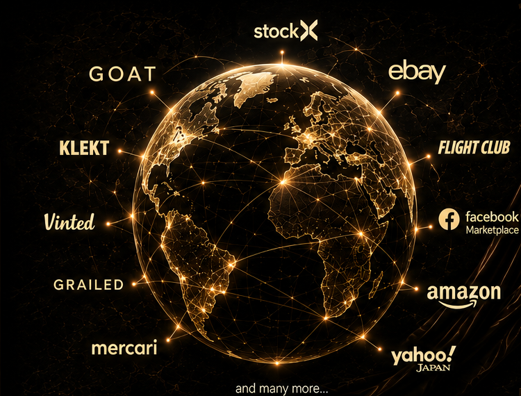 Global marketplace network including StockX, GOAT, eBay, KLEKT, Flight Club, Vinted, Facebook Marketplace, Grailed, Amazon, Mercari and Yahoo Japan
